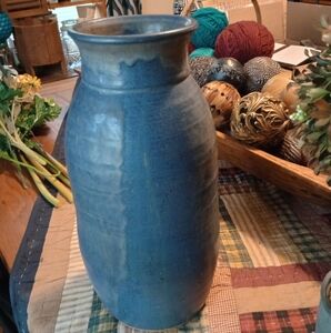 Tall Blue Stoneware Pottery Vase